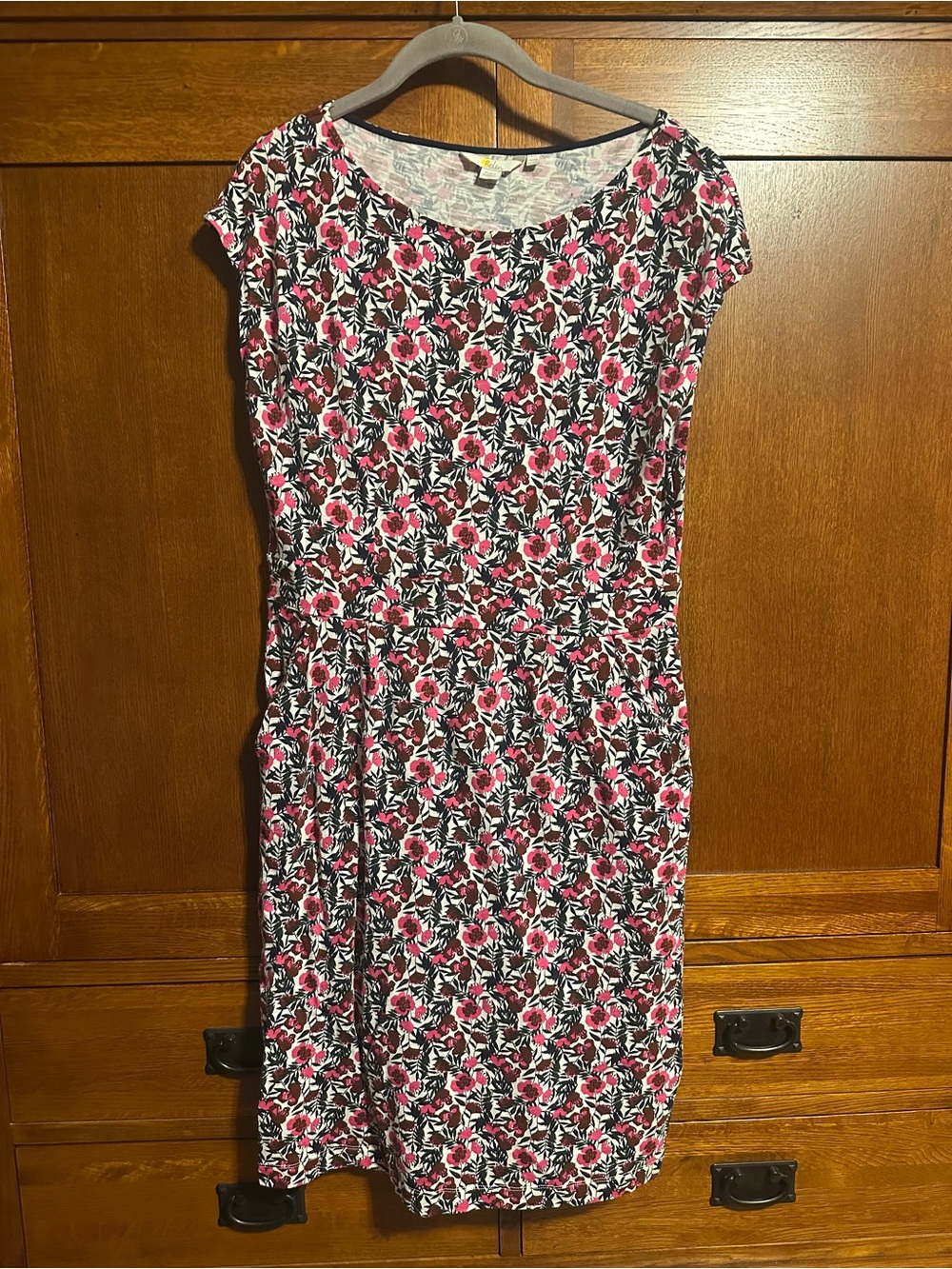 Boden Pink and Navy Floral Cap-Sleeve Dress